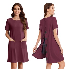 Deyeek Open Back Hospital Gowns for Women Tear Away Short Sleeve Post Surgery Soft Nightgowns for Elderly Women With Pocket Wine Red