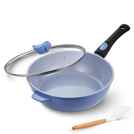 IKTU Ceramic Nonstick Deep Frying Pan, 11Inch Nonstick 4Qt Saute Pan with Helper Handle and Lid, Large Skillet Pan Induction Cookware with Detachable Handle, PFAS PFOA & PTFE Free