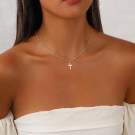 Collar de cruz de oro para mujer, delicado collar de oro de 14 quilates, circonita cúbica de rosa, cadena de cruz pequeña, moda de Pascua, bautismo cristiano, religioso, regalos de joyería