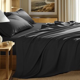 Shilucheng 100% Egyptian Cotton Sheets Set - 1000 Thread Count，Breathable & Cooling Bedding and Pillow Cases, 16 Inch Deep Pocket - 4 Piece (California King,Black)
