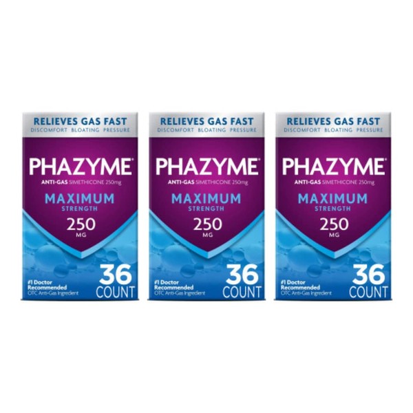 Phazyme Maximum Strength Gas and Bloating Relief | 250 mg Simethicone | 36 Fast GELS | Pack of 3