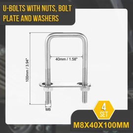 DTGN M8x40x100mm U Bolts Square Kit - 4Set - 304 Stainless Steel U-Bolt Kit with Nuts, Washers, Frame Plate - Good for DN40 Pipe, Trailer, Automotive, Leaf Spring Fastener