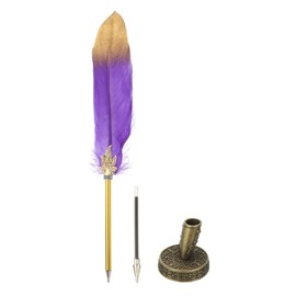 PATIKIL Feather Pen Quill, Feather Ballpoint Pen Bulk Refined Vintage Feather Calligraphy Pen with Bronze Pen Holder for Guest Signature Wedding Bridal Office Writing, Purple