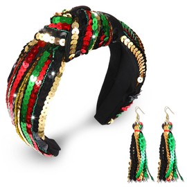 ARATLENCH African Headband for Black Women -Juneteenth Independence Sequin Knotted Headband Earrings Africa Black History Month Hairband African Hair Accessories Outfits Gifts