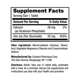 Earth's Splendor Immune Support Dietary Supplements, with Zinc 50mg, Helps Maintain Skin Health, Wheat Free, No Artificial Color or Flavor, Mineral Supplements for Men & Women (100 Tablets)