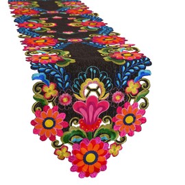 Embroidered Mexican Fiesta Cinco De Mayo Decorations Mexico Dia De Los Muertos Table Runner (14 x 108 Inches)