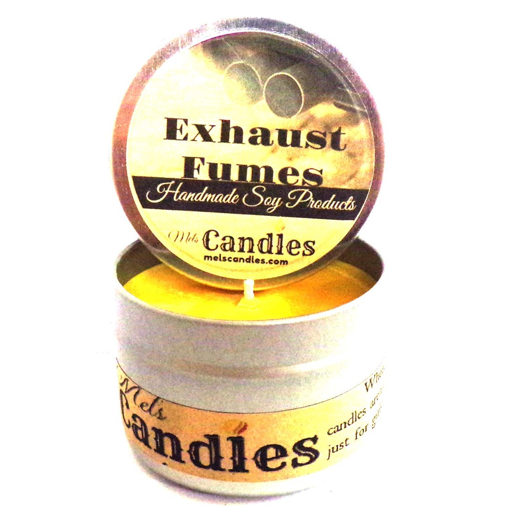Exhaust Fumes (Great for Racers) 4 Ounce 100% Soy Candle Tin (Take It Any Where)