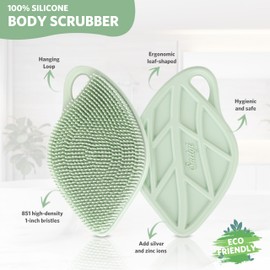 Sndyi Sndyi Silicone Body Scrubber, Gentle Exfoliating Body Scrubber for Sensitive Skin, Leaf Shaped Shower Scrubber for Body with Lathering Bristles, Silicone Loofah Body Brush for Showering, Green