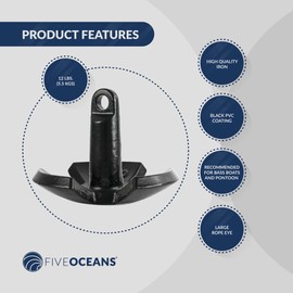 Five Oceans River Anchor, 12 Lb / 5.5 Kg, Cast Iron Black PVC Vinyl Coated, Ideal for Pontoon and Bass Boats, Excellent Holding Power in River and Mud Bottom Lakes– FO4301