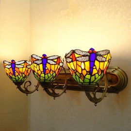 YIYIBYUS 3-Head Dragonfly Wall Sconce Lamp Tiffany Style Stained Glass Shade Vintage Wall Mount Lamp for Bedroom, Living Room and Hotel