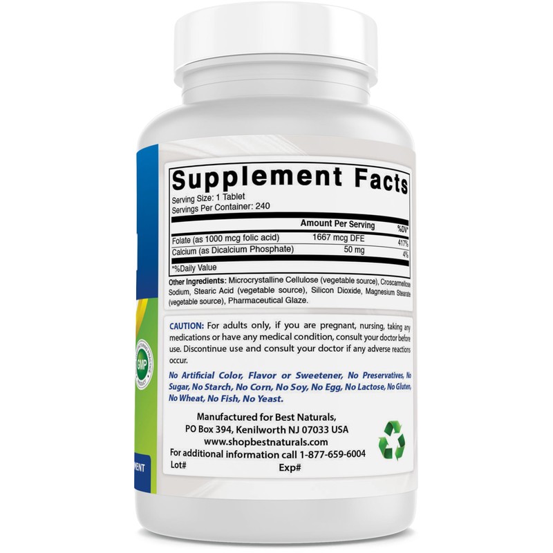 Best Naturals Folic Acid 1000 mcg (Vitamin B9), 240 Tablets