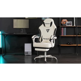 Vonesse Gaming Chair, Computer Chair Fabric with Pocket Spring Cushion, Office Chair with Footrest and Massage Lumbar Support, Reclining Gaming Chairs for Adults 250LBS (Beige White)