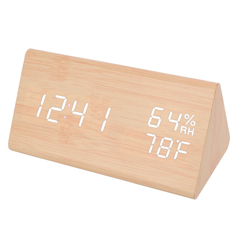 Triangular Digital Wooden Clock Time Date Temperature Humidity Display Alarm