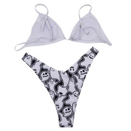 JUMISEE Conjunto de bikini gótico con estampado de calaveras para mujer, 2 piezas, cintura alta, bandeau, Blanco (White Skull), S