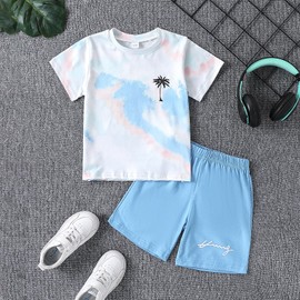 Kid Toddler Baby Boys Clothes Tie-dye Palm Leaf Top 2Pcs Summer Shorts Set(5-6T)