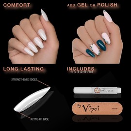 By Vixi 600 MEDIUM ALMOND NAILS, FREE GLUE AND PREPARATION FILE, Opaque Express Nail Extensions in 10 Sizes, Full Coverage, For Professionals and Home Use
