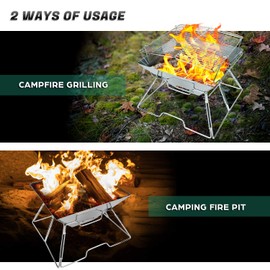 Odoland Folding Campfire Grill, 304 Stainless Steel Grate Barbeque Grill, Portable Camping Grill with Legs for Picnics, Backpacking, Outdoor with Carrying Bag and Kitchen Tongs
