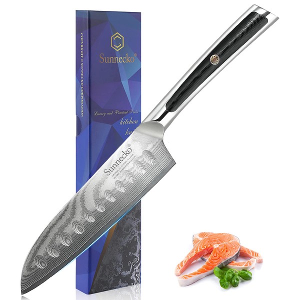 Sunnecko Santoku Knife 5 inch, Japanese Chef Knife Damascus Knife 73 Layers VG-10 Damascus Steel with Ergonomic G10 Handle Chooping Knife for Vegetables and Meat Sharp Small Kitchen Knife