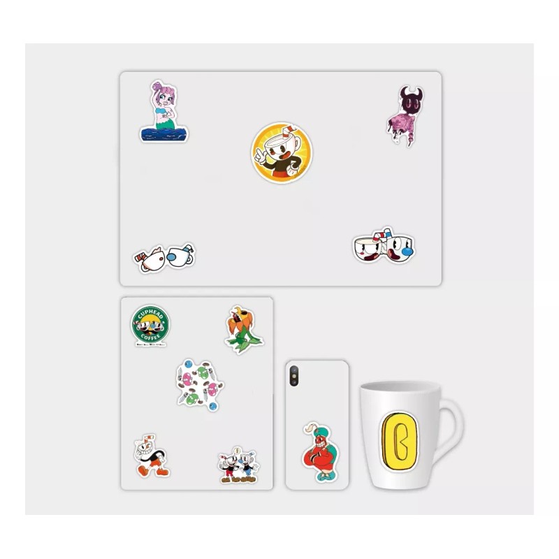 Cuphead Videojuego Taza 50 Calcomanias Stickers Contra Agua