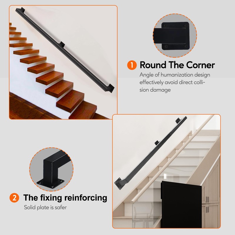 RECTOO 2FT Square Stair Railing Indoor, Black Wall Mount Handrail