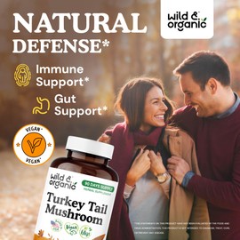 Wild & Organic Turkey Tail Mushroom Capsules 1000 mg - Immune Support - Turkey Tail Mushroom Powder Supplement - Coriolus Versicolor Mycelium Extract - Vegan, No Fillers, Non-GMO - 180 Count