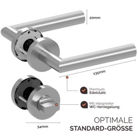 TYMBRR Türgriff Edelstahl matt, Handle One WC-Schloss, ideal für Bad und Gäste-WC, unsichtbare und einfache Montage, Rosette mit flacher Optik, für Türstärke 38–50 mm, Vierkant 8 mm, Komplettset