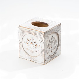 Wood Tissue Box Cover Square Distressed White Tissue Holder with Embossed Lotus Pattern, Rustic Vintage Home Decor for Bathrooom Bedroom Living Room