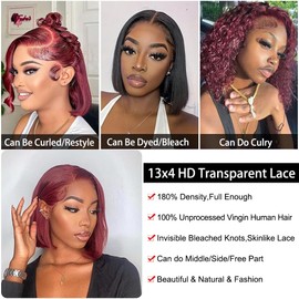 99J Burgundy Lace Front Wigs Human Hair Bob Wig Human Hair 13x4 Frontal Lace Wigs For Women, Red Bob Wig Human Hair HD Lace Front Wigs Glueless Frontal Wigs Human Hair Pre Plucked 16 Inch