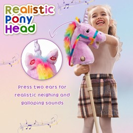 HollyHOME Unicorn Stick Horse Handcrafted Hobby Horse on a Stick with Wood Wheels Real Pony Neighing and Galloping Sounds Plush Unicorn Toy Purple 36 Inches(AA Batteries Required)
