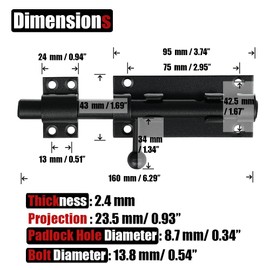 JQK Sliding Bolt Gate Latch Black, 6.3 Inch (Thick 2.4mm) Heavy Duty 304 Stainless Steel Barrel Bolt with Padlock Hole, Interior Door Latches 2 Pack, DL300-BK-P2
