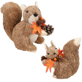 winemana Set of 2 Fall Table Decor-Squirrels with Leaves Pine Cones Thanksgiving Home Decorations Indoor Sisal Figurines, Cozy Fall Office Harvest Centerpiece Christmas Kitchen Décor