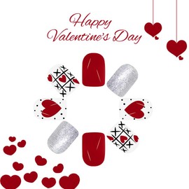 24Pcs Valentine Press on Nails Short Square Nails Press ons Heart Designs Fake Nails Sliver Glitter Stick on Nails Valentine Red False Nails Glue on Nails for Women Girls Manicure Art