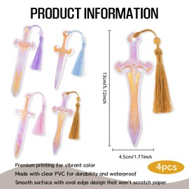 Celavoy Iridescent Sword Bookmark Gifts - 4 Pcs Cool Vintage Stained Glass Bookmarks with Tassels Swords Book Marks Office Home Supplies Gift for Reading Lovers Writers Kids Men Teacher Students
