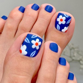 KTAABTR Blue Press on Toenails White Flowers Fake Toe Nails with Glue Blue Matte Acrylic Nails Design Flower False Toenails Stick on Nails Women Girls Manicure Tips 24Pcs Reusable Toes Nails Supply