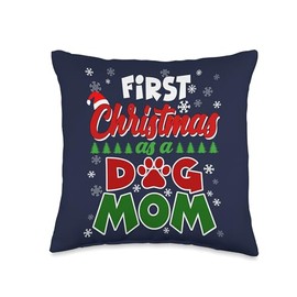 Funny Dog Mom Christmas Gift Store First Christmas As A Dog Mom Mama Santa Hat Parents 1st Xmas Throw Pillow, 16x16, Multicolor