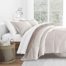 Merit Linens Comforter Set Two-Toned Reversible Microfiber All Season Down-Alternative Ultra Soft Bedding - Full/Queen Natural/Latte