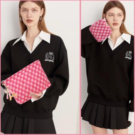 2 Pieces Makeup Bag Pouch, Large Checkered Cosmetic Bag Travel Toiletry Bag Organizer Cute Cosmetic Pouch Makeup Case Makeup Brushes Aesthetic Accessories Storage Bag for Women (Large+Mini Pink)