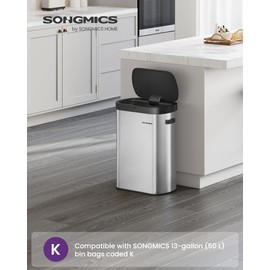 SONGMICS Motion Sensor Trash Can, 13-Gallon (50 L) Automatic Garbage Can with Soft Close Lid, Stainless Steel, Wave or Touch to Open, Includes 15 Bags, Metallic Silver and Ink Black ULTB640E01