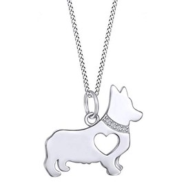 14k White Gold Over Sterling Silver White Natural Diamond Accent Hollow Heart Corgi Dog Lover Charm Pendant Necklace with 18" Chain