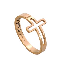 SENSE TO CREATE Sideways Cross Rings with 'Faith Over Fear' Quote inside for Women | Religious Inspiration Rings | Stainless Steel Adjustable Size 6-12 (1 PCS of Rose Gold Color)