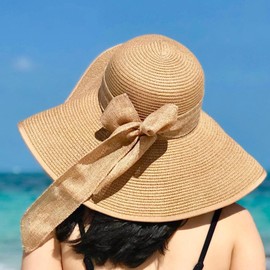 DRESHOW Women's Wide Brim Straw Hat Foldable Protection Beach Hat Elegant Summer Hat Sun Hats UPF 50+, Khaki A