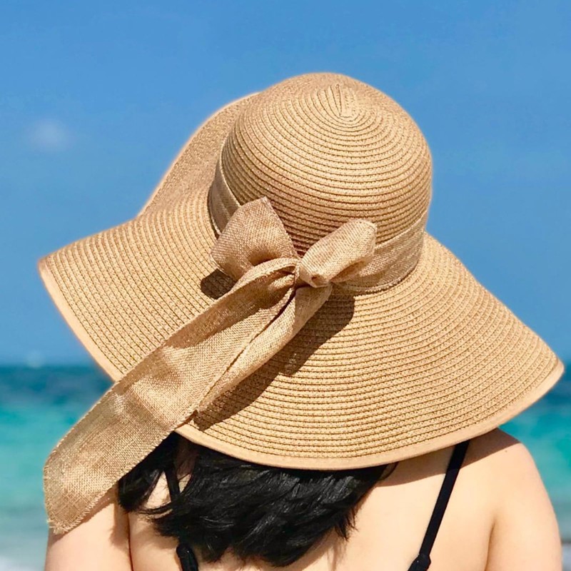 DRESHOW Women's Wide Brim Straw Hat Foldable Protection Beach Hat