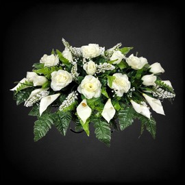 Cemetery Saddle for Headstone - Realistic Silk Faux Floral Artificial Grave Flowers - Headstone Flower Saddle with Cream Roses and Calla Lilies
