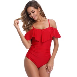 ZINPRETTY Womens Retro One Piece Bathing Suit Tummy Control Off Shoulder Swimsuit Flounce Ruffled Monokini Full Coverage