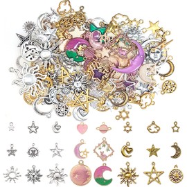 130 Pieces Jewelry Charms, BetterJonny Mixed Sun Stars Moon Earth Planet Pendants for Jewelry Making DIY Necklace Bracelet Earring…
