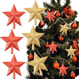 6 Pcs Tree Topper, Mini Glitter Christmas Tree Topper Holiday Treetop Shatterproof Star Gold & Red Decorative for Party Christmas