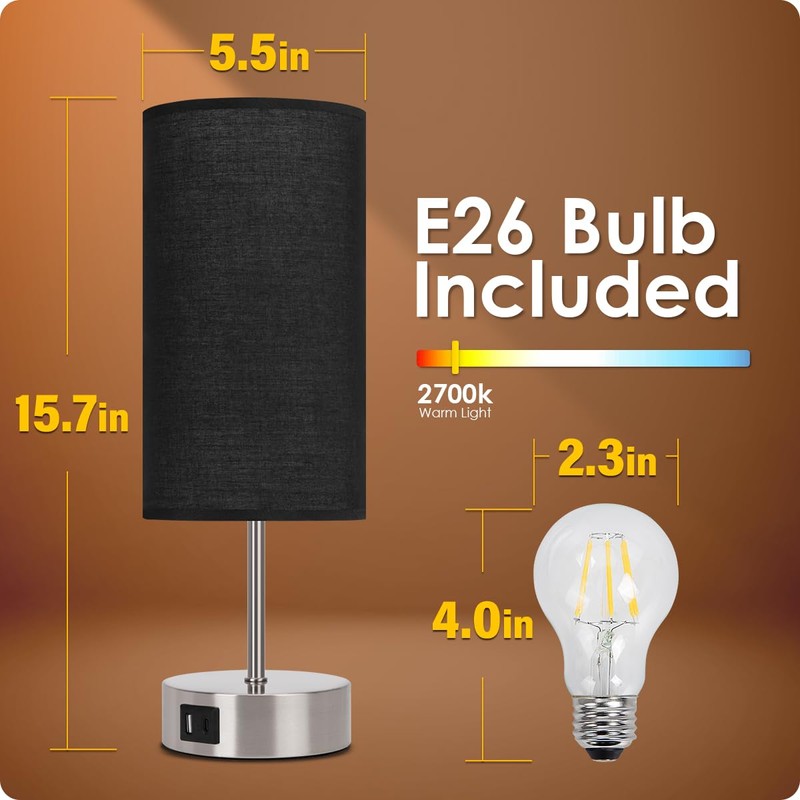 Yarra-Decor 【Upgraded Bedside Lamp with USB A+C Charging Ports &