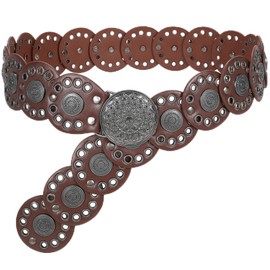 JasGood Wide Disc Belt for Women Leather Hollow Out Round Belt Western Cowgirl Belt Women's Concho Vintage Belt Boho Disc Leather Belt Adjustable Waist Belt for Dresses, A-Brown(Black Buckle)