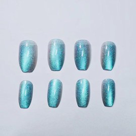 MNmagicnail-Glossy Press On Nails,Medium Coffin Short Cat Eye False Nails,Opaque "Aurora Turquoise" Reusable false Nails, Acrylic Fake Nails with Gelly Glue in 6 Sizes-12 Nail Kit