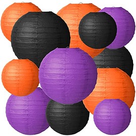 12 Pcs Colorful Paper Lanternsr Round Chinese Japanese Paper Lanterns Decorative Ball Lanterns Lamps for Weddings, Birthdays, Parties and Events, 4 Sizes of 4, 6, 8, 10 Inch (Black, Orange, Purple)